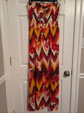 Lucky Brand Strapless Chevron Floral Maxi Dress - Red, Yellow, Brown
